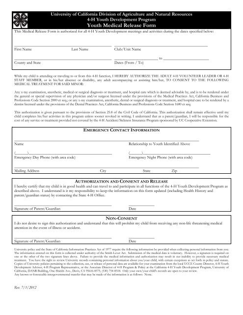 Youth Medical Release Form - Lassen County