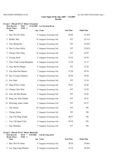 club night results 1 col - Singapore Swimming Club