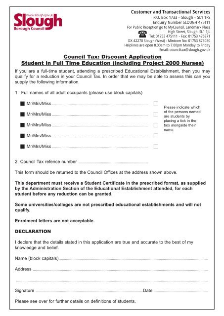 Council Tax: Discount Application Student in Full Time Education 