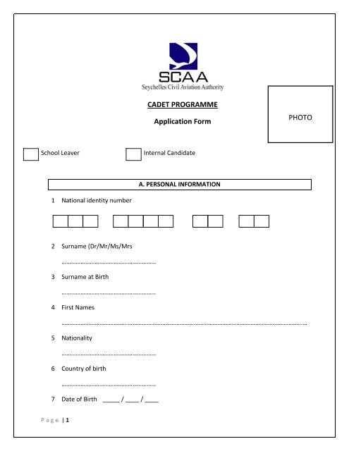 CADET PROGRAMME Application Form PHOTO - SCAA