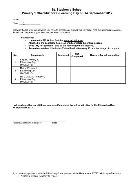 St. Stephen's School Primary 1 Checklist for E-Learning Day on 14 ...