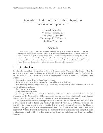 Symbolic definite (and indefinite) integration: methods ... - SIGSAM