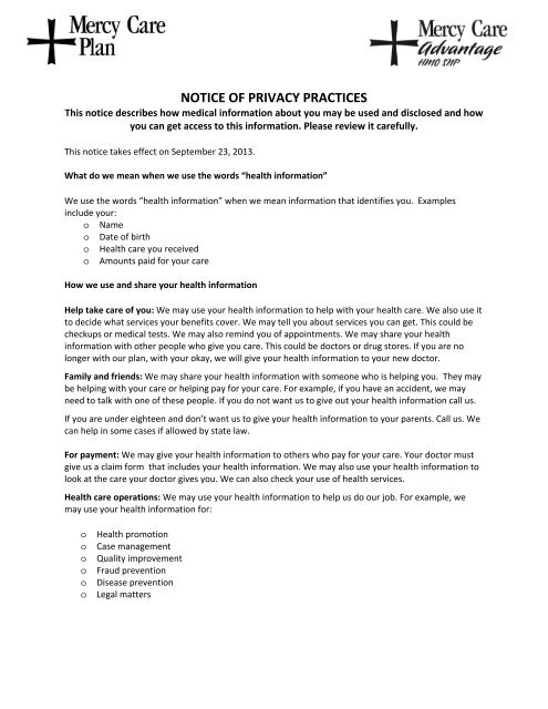 Mercy Care Plan Notice of Privacy Practices (English)