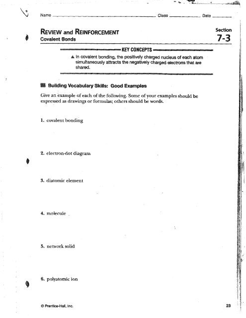 REVIEW and REINFORCEMENT Covalent Bonds .......... KEY ...