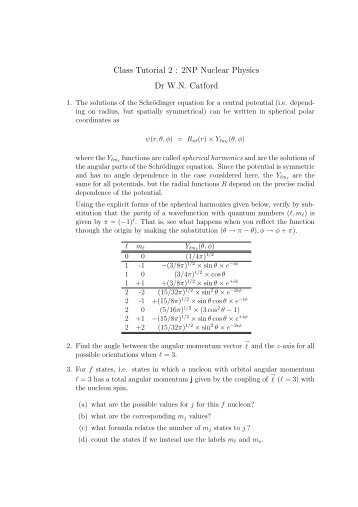 Class Tutorial 2 : 2NP Nuclear Physics Dr W.N. Catford