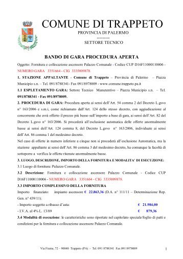 bando di gara procedura aperta - Comune di Trappeto