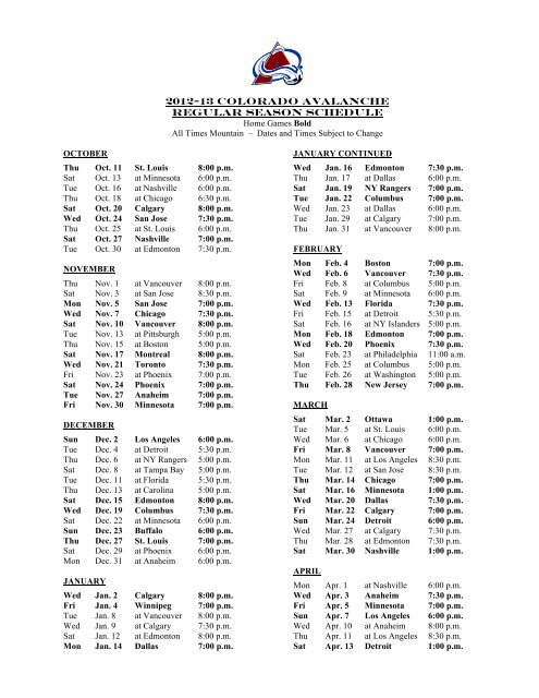 a printable version of the 2012-13 season - Colorado Avalanche