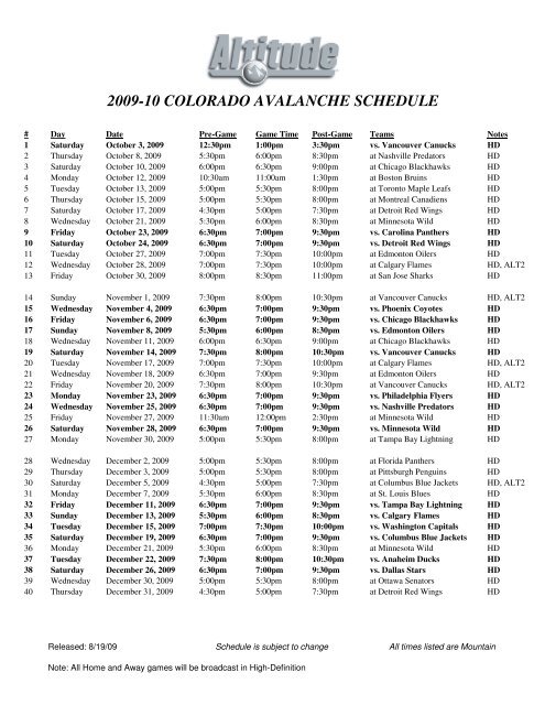 a PDF of Altitude's broadcast schedule - Colorado Avalanche