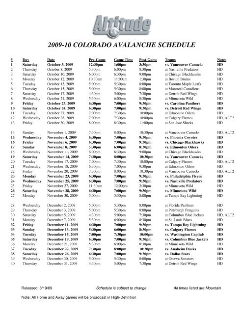 A PDF Of Altitude s Broadcast Schedule Colorado Avalanche