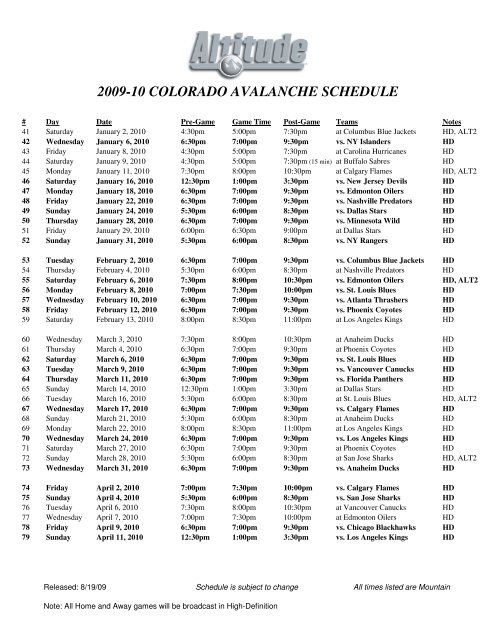 a PDF of Altitude's broadcast schedule - Colorado Avalanche