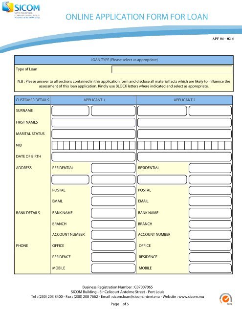 ONLINE APPLICATION FORM FOR LOAN SICOM