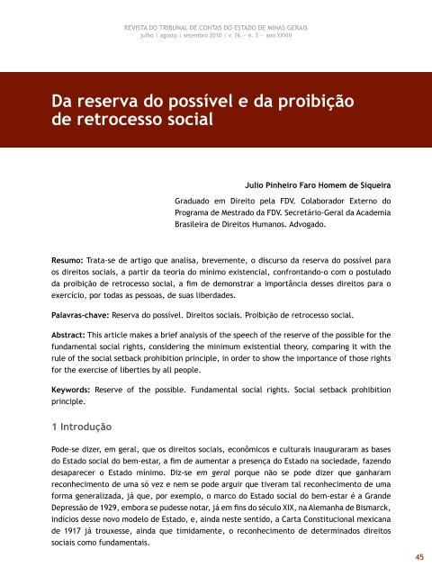 Da reserva do possÃ­vel e da proibiÃ§Ã£o de ... - Revista do TCE