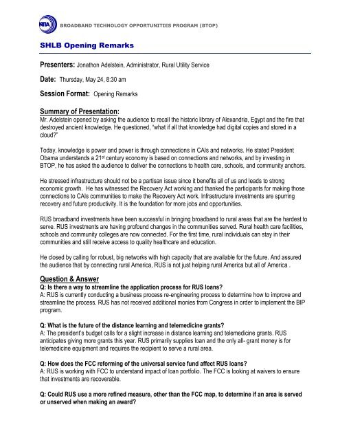 Session Format: Opening Remarks Summary of Presentation  - shlb