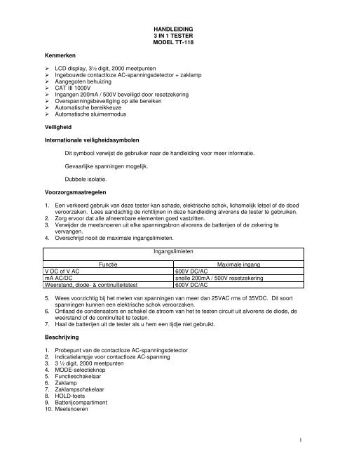 1 HANDLEIDING 3 IN 1 TESTER MODEL TT-118 ... - Ccinv.be