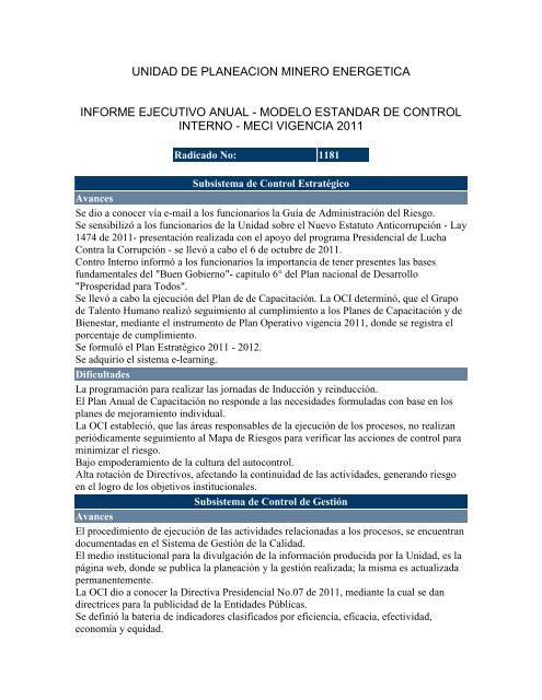 Informe Ejecutivo SCI-MECI 2011 - Unidad de PlaneaciÃ³n Minero ...