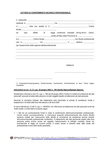 Lettera conferimento incarico professionale - Comune di Adrano