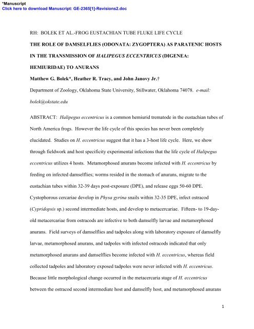 bolek et al.-frog eustachian tube fluke life cycle the ... - Matthew Bolek