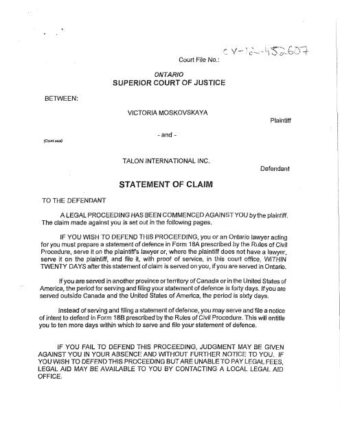 STATEMENT OF CLAIM