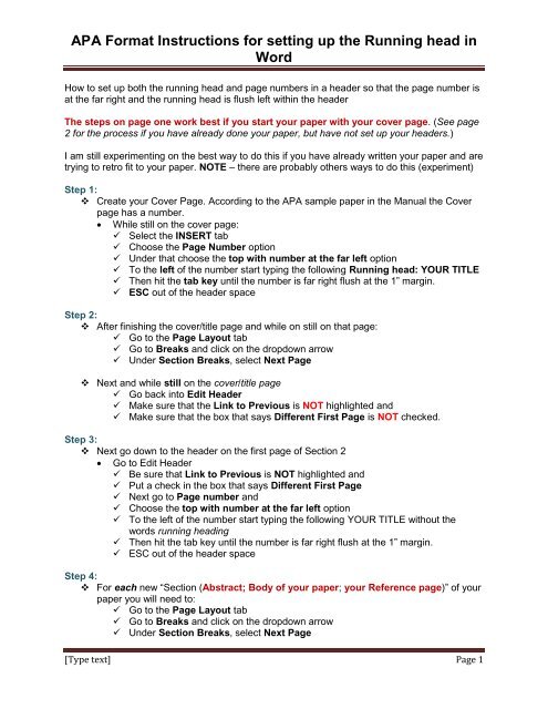 APA Format Instructions for setting up the Running head in Word