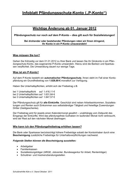 Infoblatt Pfandungsschutz Konto P Konto Schuldenhelpline