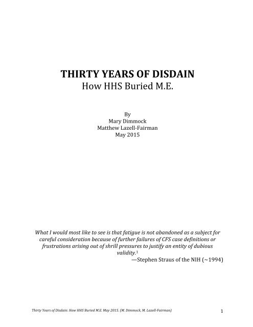 Thirty Years of Disdain How HHS Buried Myalgic Encephalomyelitis May 2015