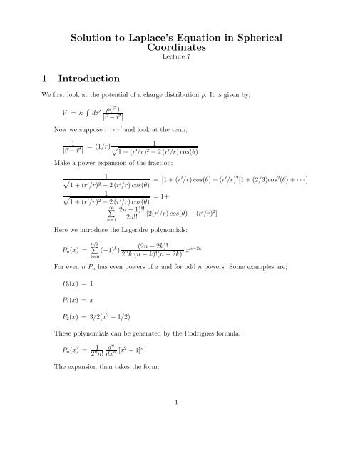 Solution To Laplace's Equation In Spherical Coordinates 1 Introduction