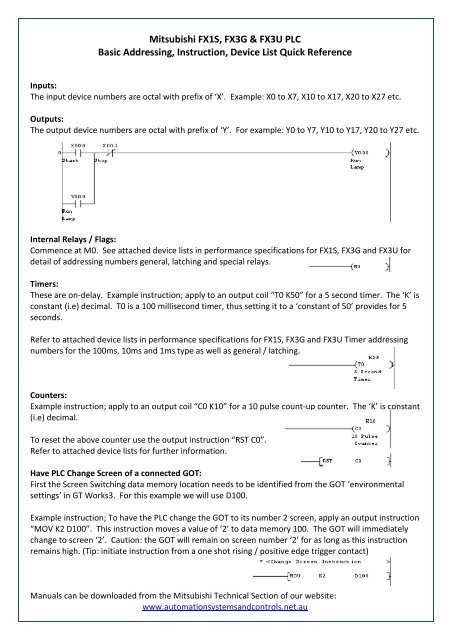 Mitsubishi FX-PLC Addressing, Instruction & Device List Quick ...