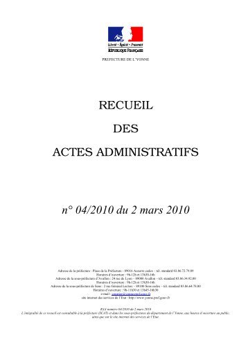 Recueil nÂ°4 du 2 mars 2010 - Les services de l'Ãtat dans l'Yonne