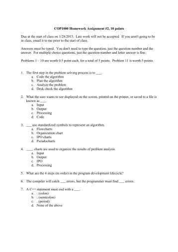 COP1000 Homework Assignment #2, 10 points Due at the start of ...