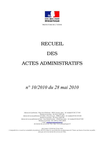 Recueil nÂ°10 du 28 mai 2010 - Les services de l'Ãtat dans l'Yonne