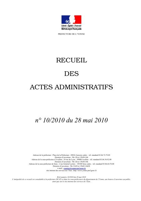 Recueil nÂ°10 du 28 mai 2010 - Les services de l'Ãtat dans l'Yonne