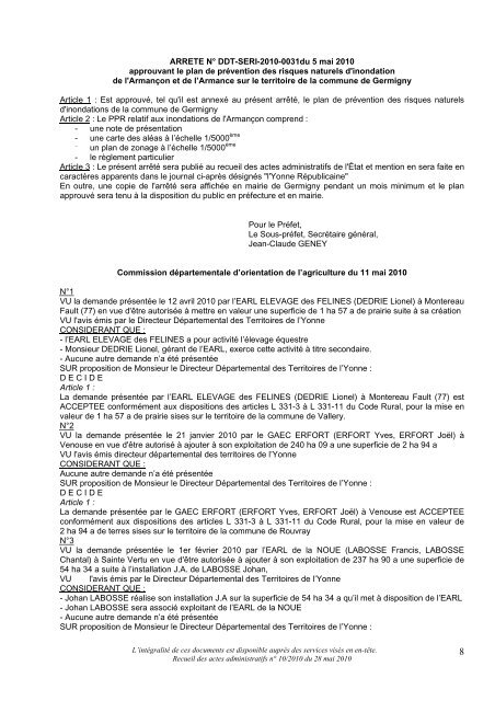 Recueil nÂ°10 du 28 mai 2010 - Les services de l'Ãtat dans l'Yonne