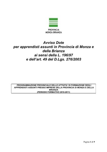 avviso dote apprendistato - Provincia di Monza e della Brianza