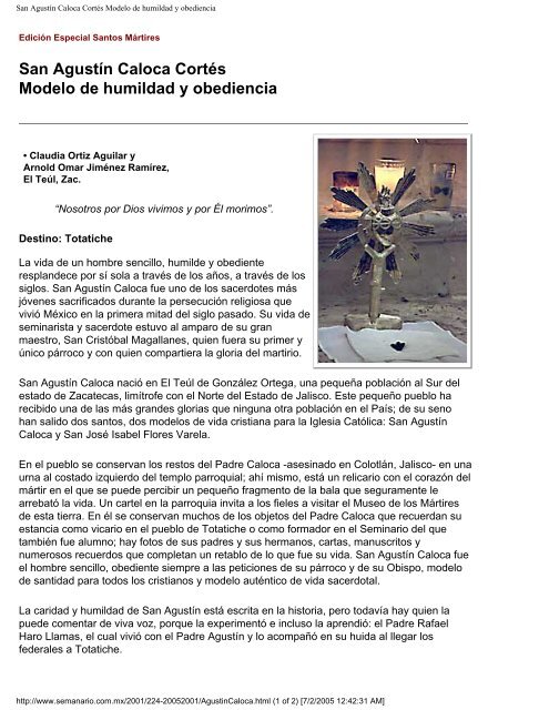 San Agustín Caloca Cortés Modelo de humildad ... - Vidas ejemplares San Agustín Caloca Cortés Modelo de humildad ... - Vidas ejemplares
