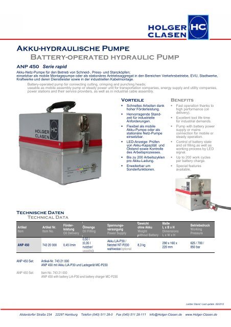 Akku-hydraulische Pumpe Battery-operated hydraulic Pump