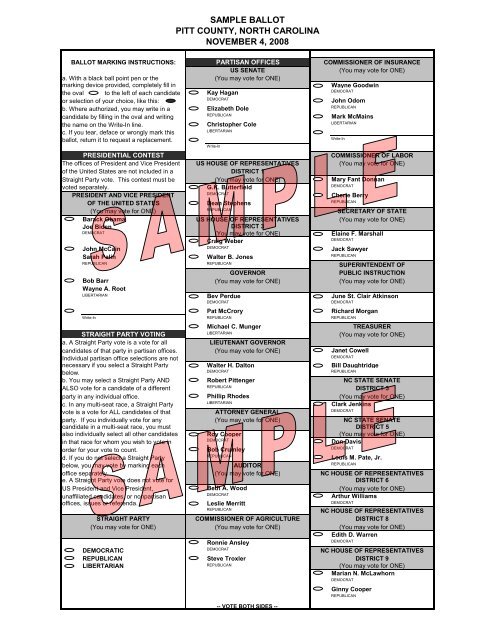 sample ballot pitt county, north carolina november 4, 2008