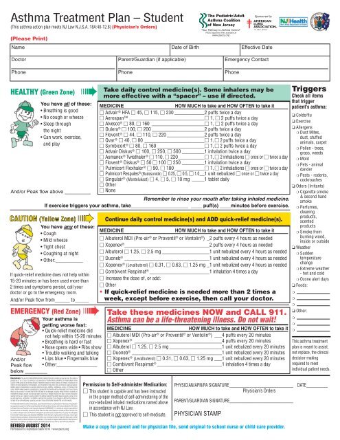 Pacnj Student Asthma Treatment Plan The Pediatric Asthma