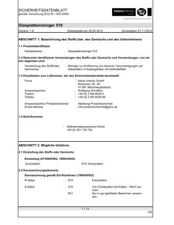 Technisches Datenblatt / Sicherheitsdatenblatt fÃ¼r GLASKLAR 510 ...