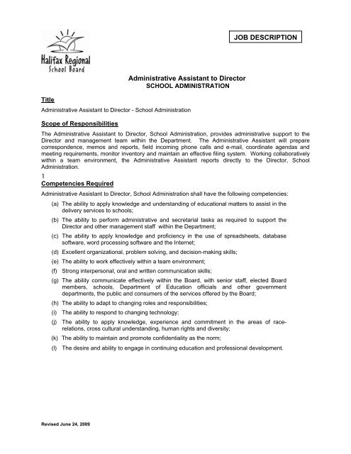 JOB DESCRIPTION Administrative Assistant to Director