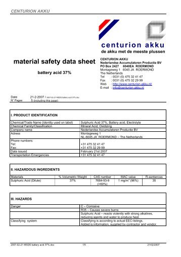 material safety data sheet - Centurion Akku