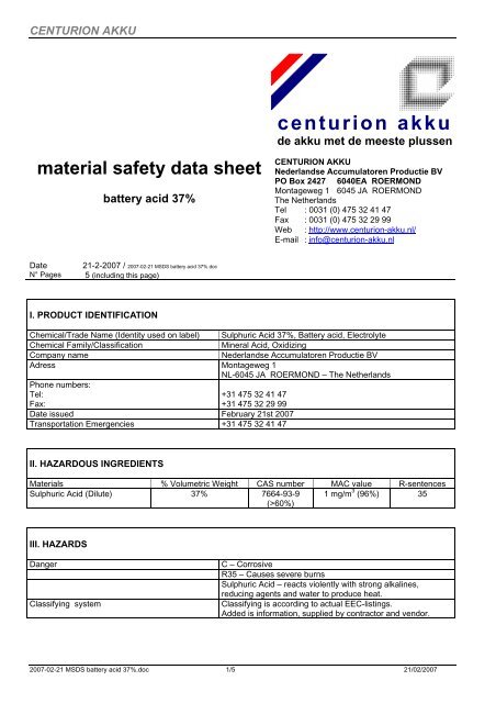 Material Safety Data Sheet Centurion Akku
