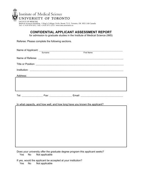 confidential applicant assessment report - Institute of Medical Science