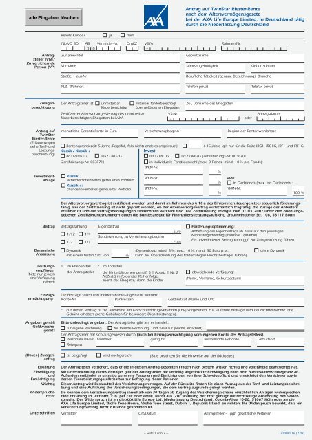 Antrag auf Twinstar Riester-Rente nach dem ...