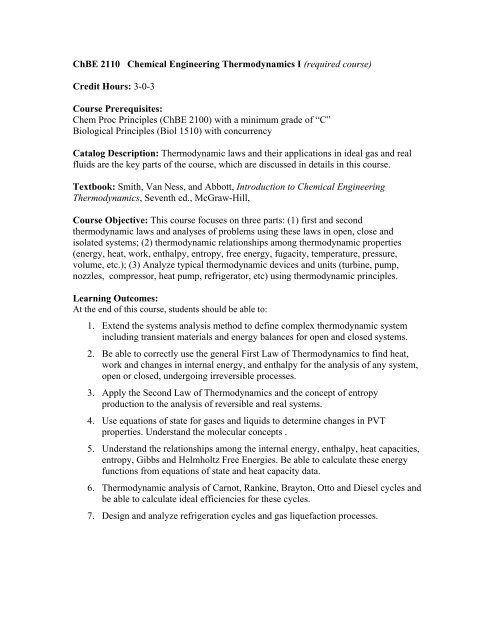 Chbe 2110 Chemical Engineering Thermodynamics I Required