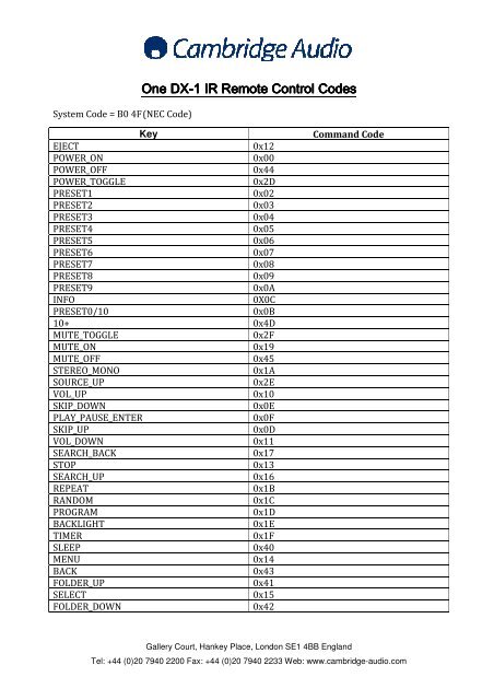 One DX-1 IR Remote Control Codes - Cambridge Audio