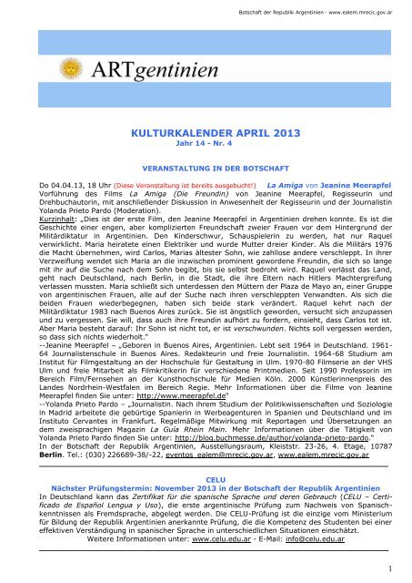 Kulturkalender April 2013 - Embajada de la RepÃºblica Argentina en ...