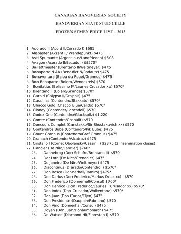 Celle 2013 Frozen Semen Price List - Canadian Hanoverian Society