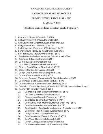 Celle 2013 Frozen Semen Price List - Canadian Hanoverian Society