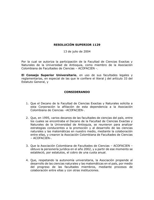 Resolución Superior 1129 - Universidad de Antioquia