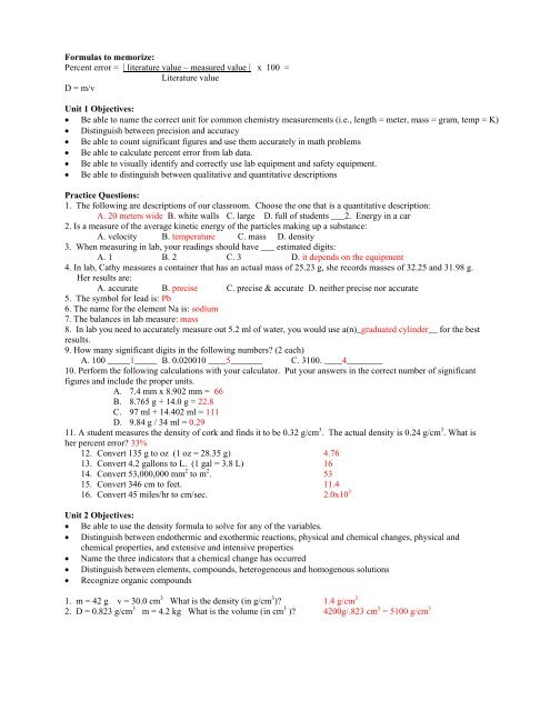 Formulas to memorize: Percent error = | literature value â measured ...